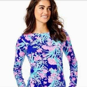 NWOT Lilly Pulitzer Finn Top Vibrant Blue Floral Long Sleeve Pink & Aqua Stretch